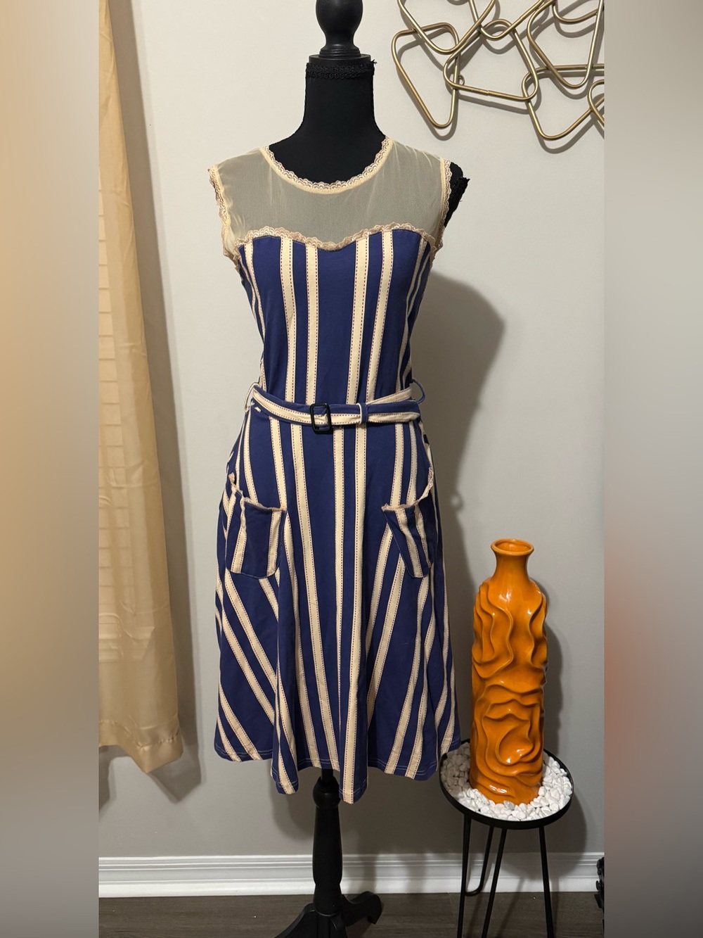 Effie's Heart Navy and Cream Striped Fit-and-Flare Midi Dress with Belt